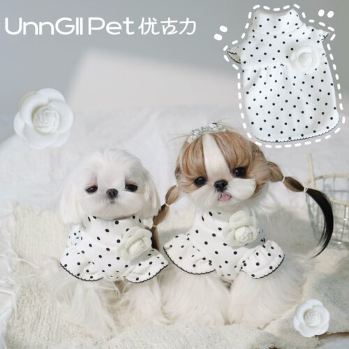 UnnGllPet优古力原创秋冬小香风加绒飞袖黑白波点裙宠物狗狗衣服