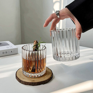 高颜值玻璃杯好看喝水杯加厚威士忌酒杯竖条纹ins水杯酒吧洋酒杯