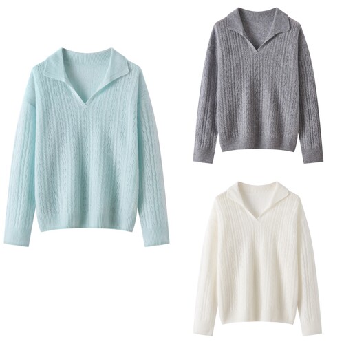 100%纯山羊绒女剪刀翻领挑空毛衣