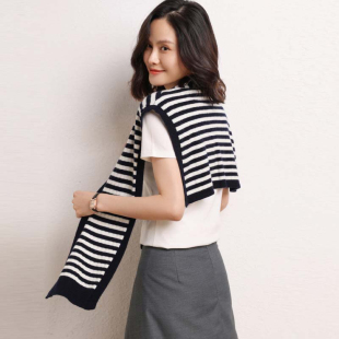 24秋冬新款100纯山羊绒针织小披肩围巾女条纹保暖护颈配裙子搭肩