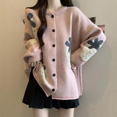 宽松慵懒学院风毛衣外套女秋冬季大码胖mm中长款提花加厚百搭草莓