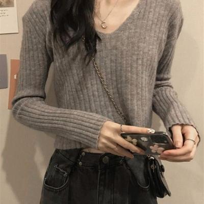 短款内搭打底衫女秋冬季韩系设计感小众感套头v领针织衫上衣