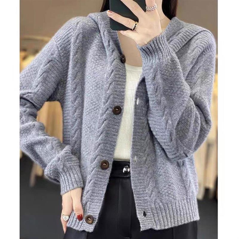 开衫女秋冬连帽麻花外套毛衣小个子软糯宽松新款毛衣上衣