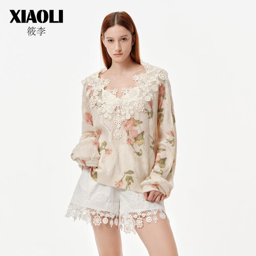 XIAOLI筱李26年秋季新品印花海军领蕾丝V领丝羊绒珠片针织毛衣