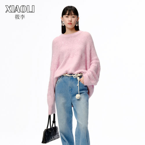 XIAOLI筱李 秋季粉色慕斯钉珠重工套头长袖针织衫（含内搭）