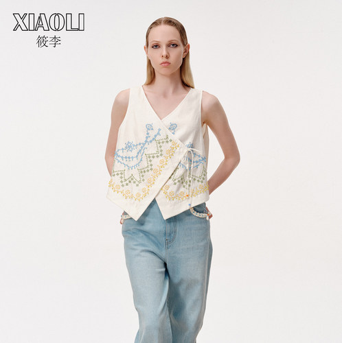 亚麻刺绣宽松休闲抽绳马甲女上衣