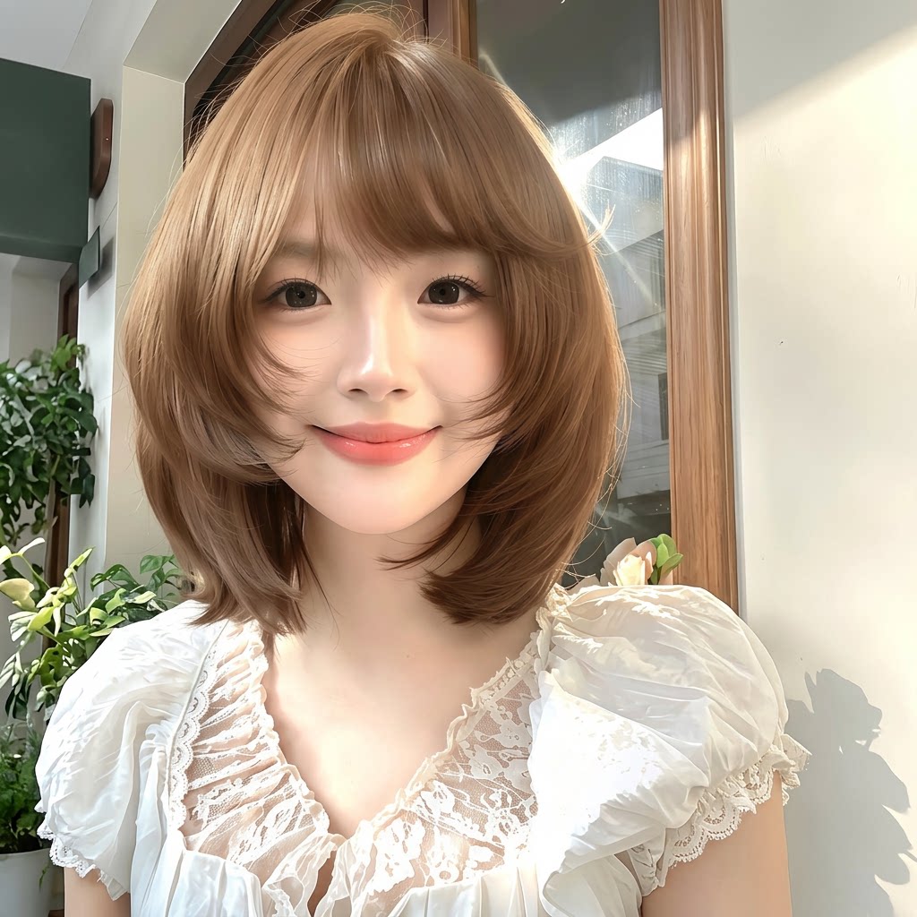 奶茶棕锁骨短发整顶假发显白