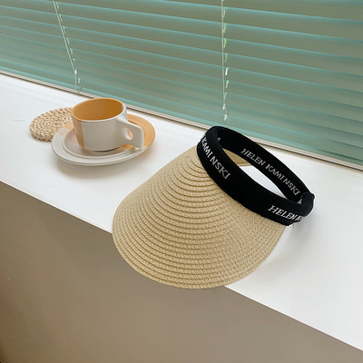 韩版ins草编鸭舌空顶帽子女遮阳帽防晒帽沙滩P度假无顶发箍太阳帽