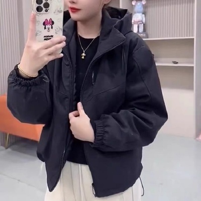 双拉链短款夹棉外套女2024秋冬