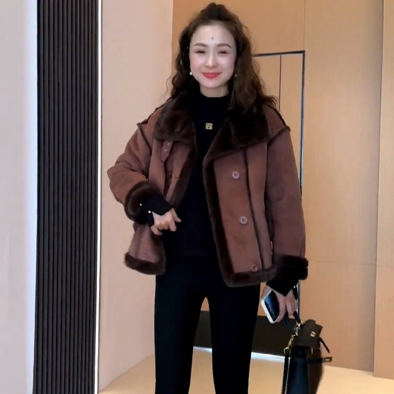 韩版皮毛一体羊羔毛外套女2025冬季新款复古加绒加厚机车服上衣潮