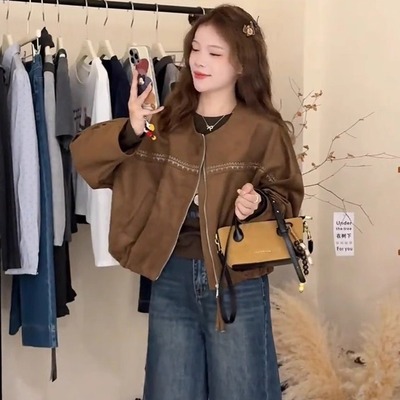 美式复古鹿皮绒外套女秋季新款宽松小个子高级感短款夹克上衣潮