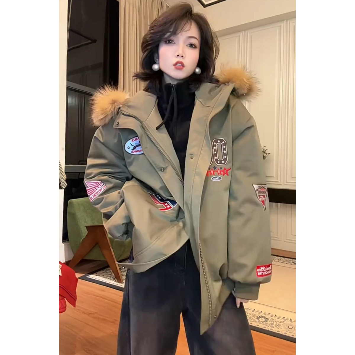 高级感美式刺绣毛领连帽派克棉服男女同款秋冬加厚保暖外套棉衣