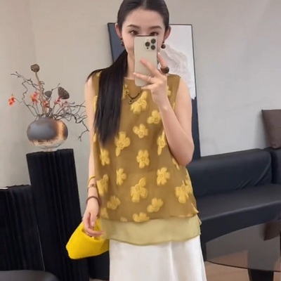 新中式刺绣无袖衬衫背心女夏季新款百搭宽松中长款欧根纱小衫上衣