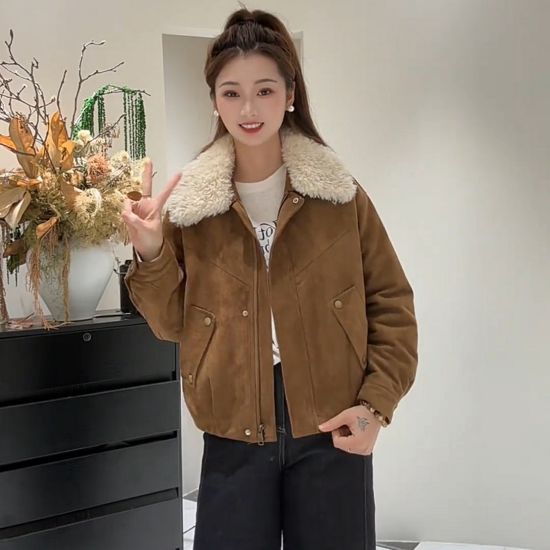 爆款夹棉加厚可脱卸毛领麂皮绒棉服外套女秋冬2025夹克保暖派克服