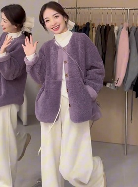欧货新款紫色羊羔毛皮毛一体外套女2025春设计感宽松显瘦保暖上衣