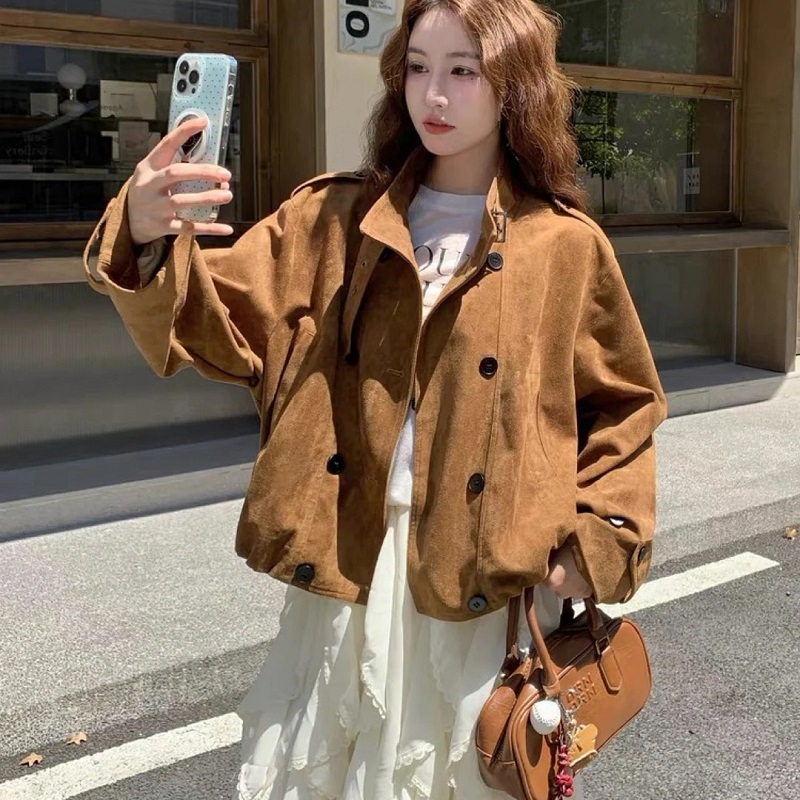 高级感麂皮绒短款风衣外套女2025秋新款韩系时尚复古宽松立领上衣