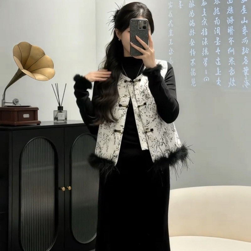 2026春秋新款女装无袖国风盘扣水墨竹马甲外套唐装外搭新中式马夹