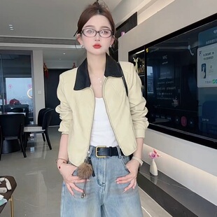 小个子薄款 新款 夹克 pu皮翻领拼接撞色皮衣外套女2026春装 韩系短款