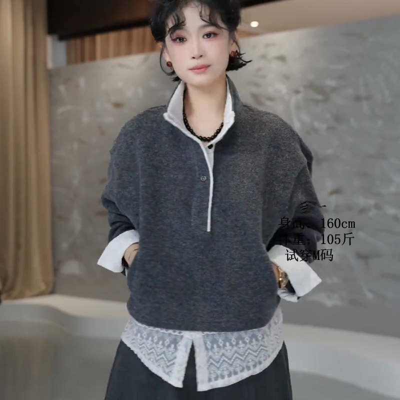 假两件半高领灰色卫衣女韩系蕾丝拼接2025冬新款加厚百搭长袖上衣
