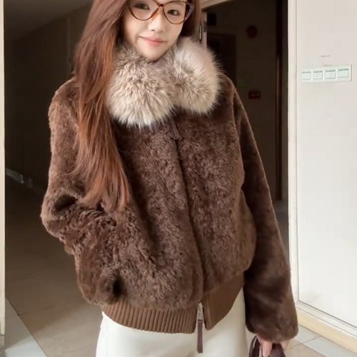 韩系大毛领短款仿皮草外套女毛绒保暖翻领冬季皮毛一体毛毛上衣