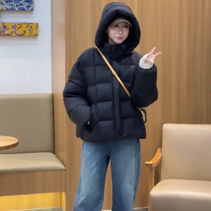 小个子黑色面包服羽绒服女短款2025冬季新款泡芙龟背白鸭绒外套