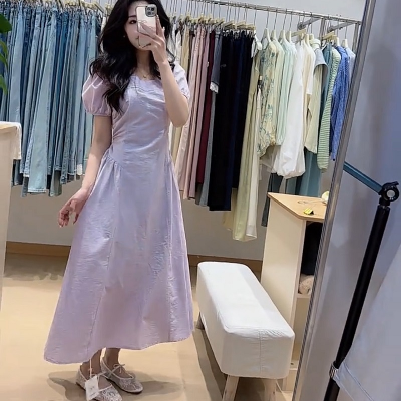 韩系连衣裙女2025夏新款收腰显瘦泡泡袖方领洋气小个子设计感长裙