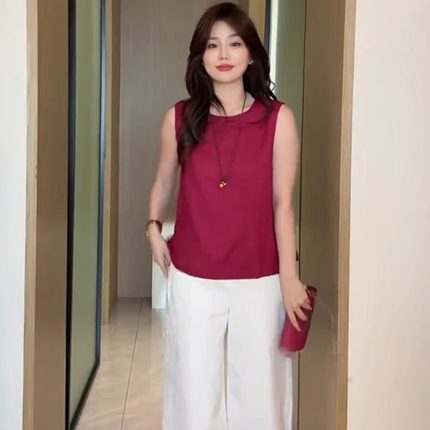 法式甜美无袖衬衫女2025夏季新款设计感小众高级感显瘦玫红色上衣