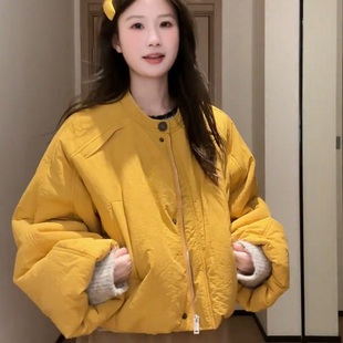 韩系圆领花苞袖短款棉服女冬季百搭宽松保暖小个子夹棉外套小棉袄
