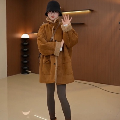 中长款麂皮绒羊羔毛外套女秋冬