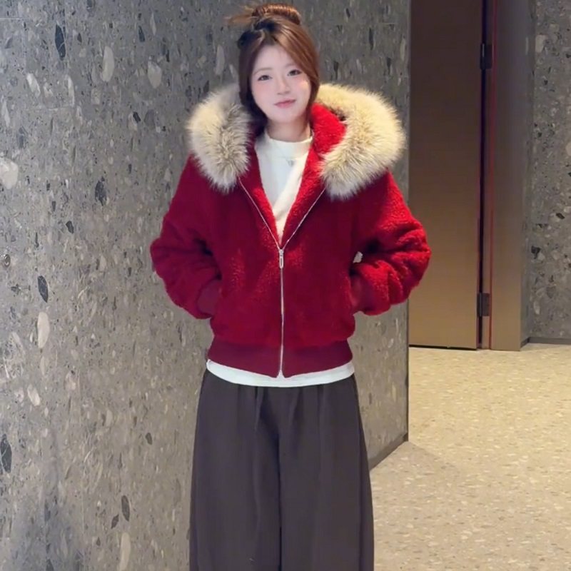 设计感复古毛领连帽拉链外套女冬季红色加棉保暖短款超好看上衣潮,女装/女士精品,短外套,淘宝优惠券,粉丝福利购,淘宝优惠卷