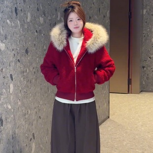 设计感复古毛领连帽拉链外套女冬季红色加棉保暖短款超好看上衣潮