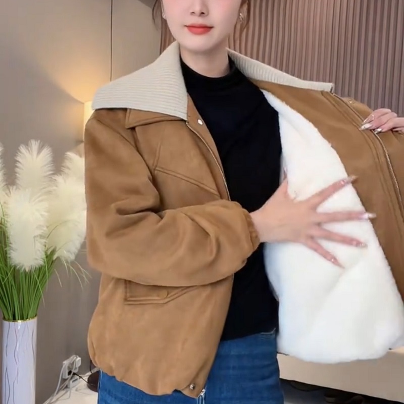 加绒加厚麂皮绒针织翻领派克棉服外套女冬季2025新款棉衣短款棉袄
