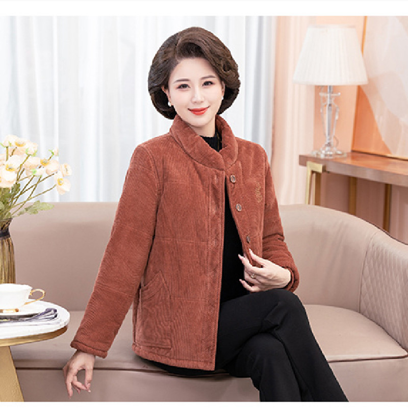 冬春新款秋依中老年全棉加厚灯芯绒棉衣休闲时尚百搭保暖条绒棉服