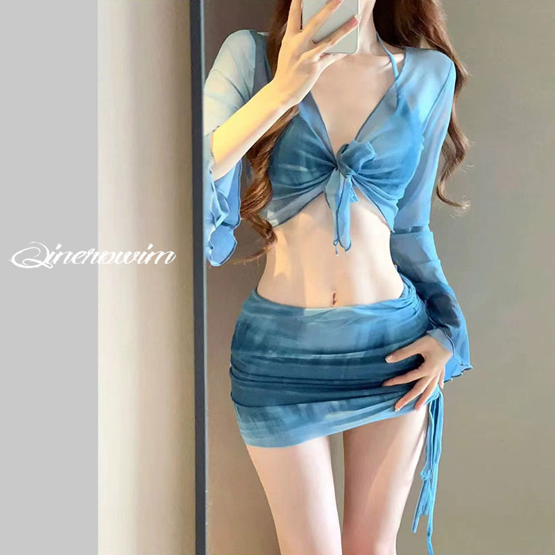 保守泳衣修身时尚四件套裙式分体泡温泉女式三角性感小胸聚拢泳装