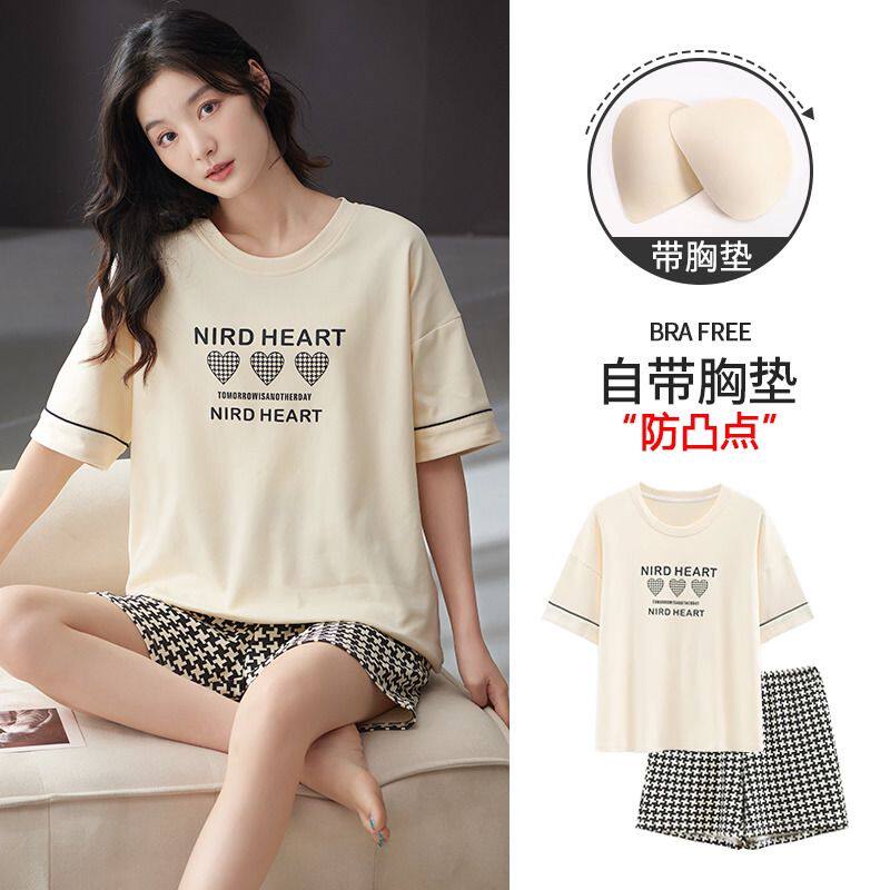 带胸垫一体防凸点睡衣女2024新款夏天纯棉短袖短裤套装夏季家居服