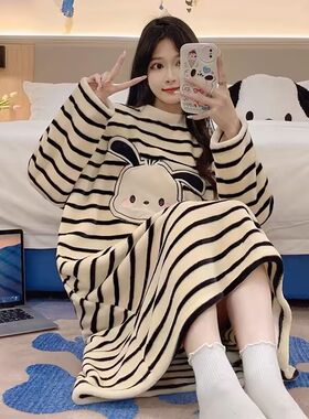 珊瑚绒睡裙女冬季条纹帕恰狗睡裙