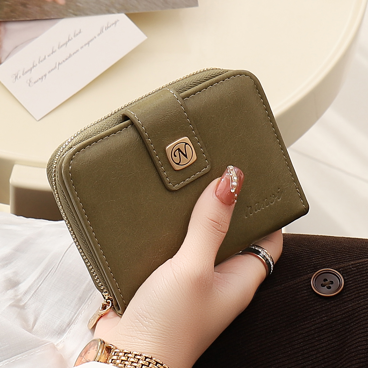 纯色短款手拿零钱卡包步跃伦复古