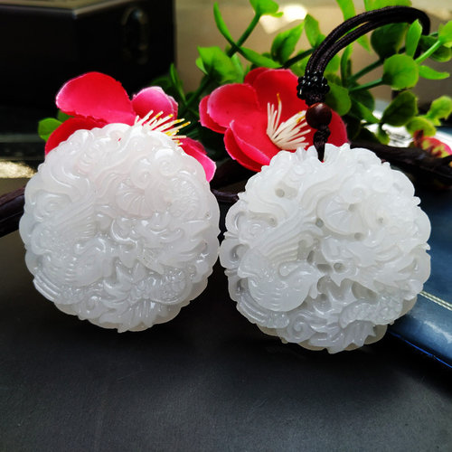 天然阿富汗玉龙凤牌玉石吊坠男女款白玉龙凤圆牌挂件玉佩玉坠项链