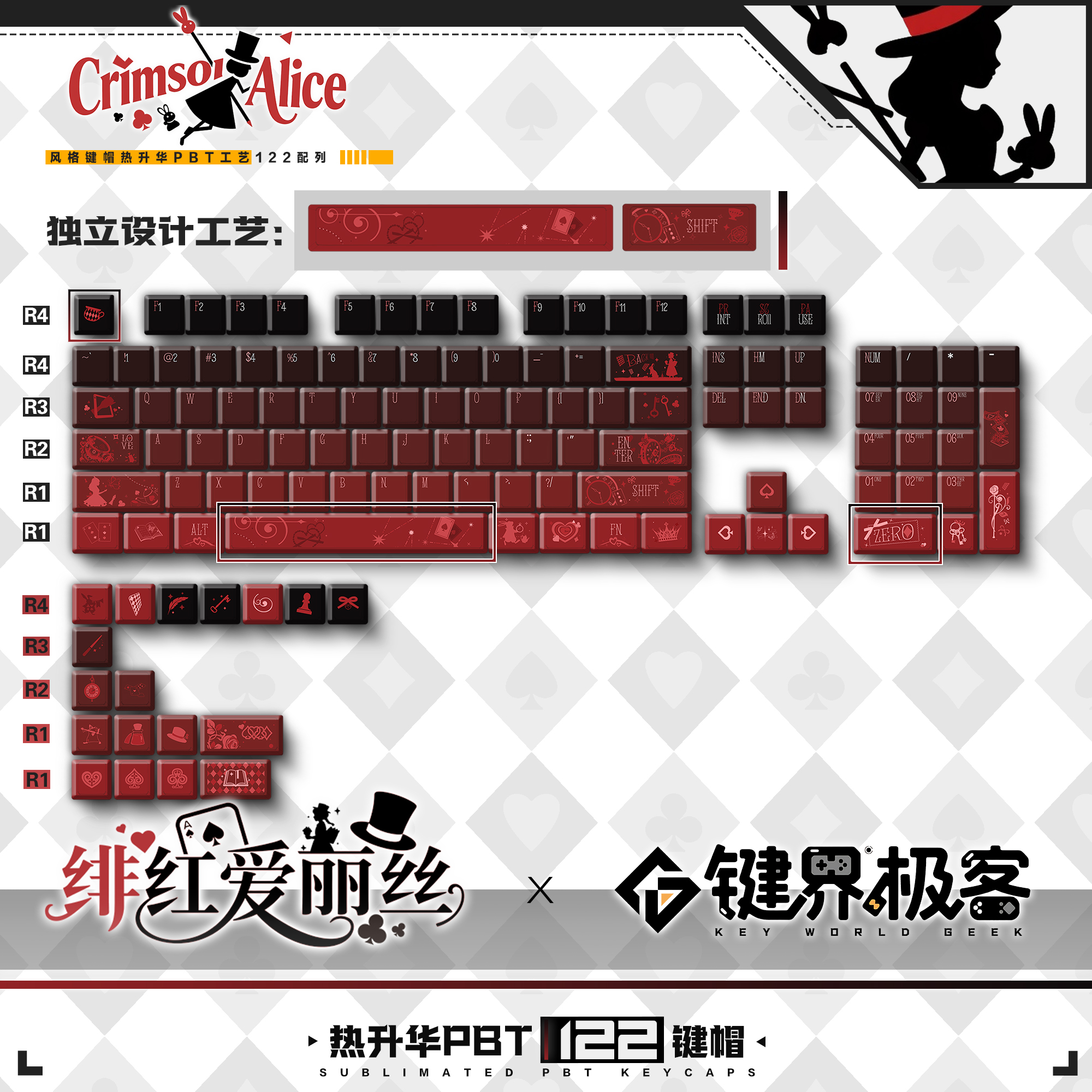 蹦蹦studio键盘原创绯红爱丽丝客制化个性侧刻正透pbt热升华键帽