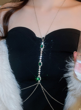 高级感镶钻X形身体链女网红小众胸链潮流个性衣服装饰项链挂件