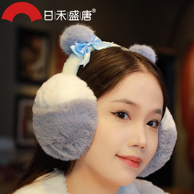 可爱蝴蝶结奶蓝色毛绒耳罩女2026年秋冬季加绒加厚保暖骑行耳捂子