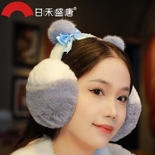 可爱蝴蝶结奶蓝色毛绒耳罩女2026年秋冬季加绒加厚保暖骑行耳捂子