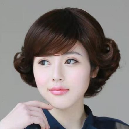 减龄妈妈假发女 真发斜刘海短发中老年人外翻翘真人发丝短卷发