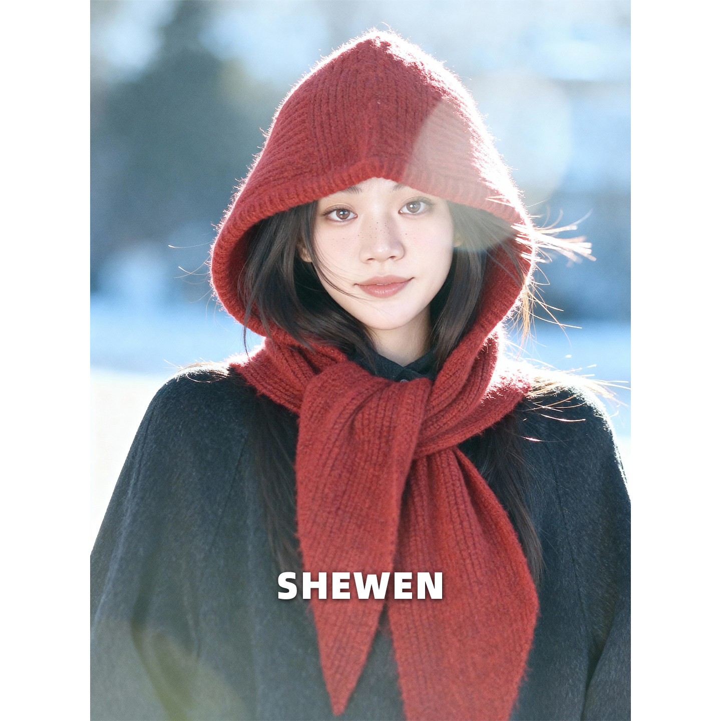 升级版~大头围红色羊毛巴拉克拉法帽女冬季针织毛线帽子围巾一体