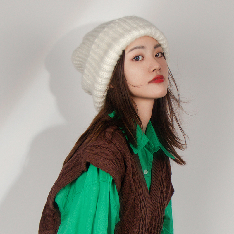粗针织毛线帽灰色圆脸适合大头围