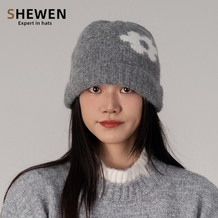 小花设计加厚针织帽女秋冬保暖护耳帽子韩系灰色毛线帽子防风冷帽