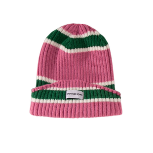 超级显白色 玫红色条纹针织毛线帽树莓粉红色甜飒穿搭酷潮女帽韩