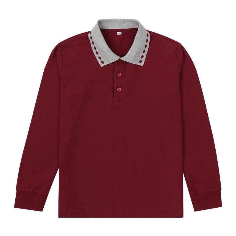 英伦校服小学生长袖春秋款枣红灰菱形领polo衫校服透气上衣棉T恤T