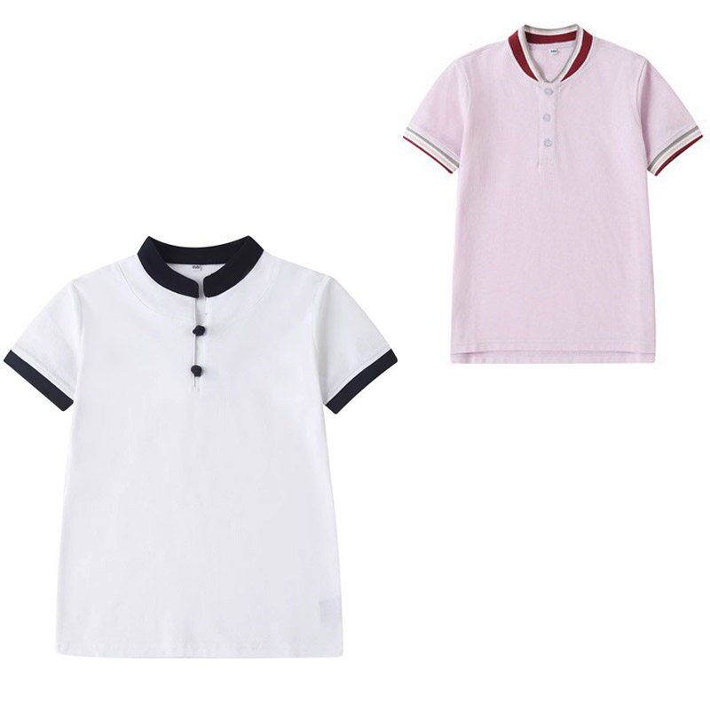 中小学生校服英伦风夏季短袖polo衫T恤班服园服粉色立领白色中式T