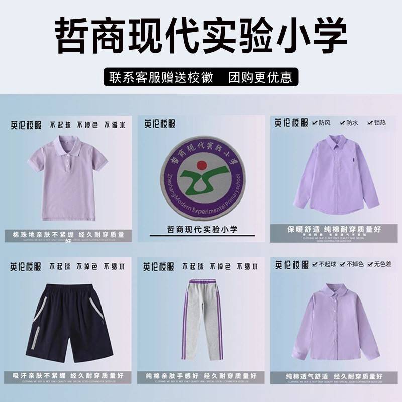临海市哲商现代实验小学校服校徽套装中小学生紫色秋冬装短袖衬衫